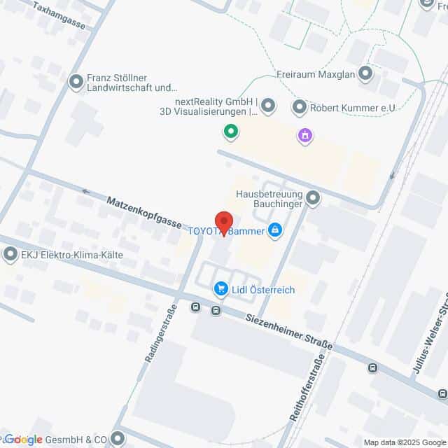 Lehrlingsportal.at Die Karte zeigt einen markierten Standort in der Matzenkopfstraße in der Nähe der Siezenheimer Straße in Salzburg, Österreich, mit Beschriftung der umliegenden Geschäfte.