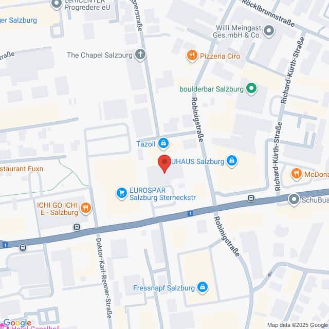 Lehrlingsportal.at Die Karte zeigt einen Ausschnitt von Salzburg, Österreich, zentriert auf der EUROS-Salzburg Sterneckstraße, mit Beschriftung der umliegenden Geschäfte und Straßen.