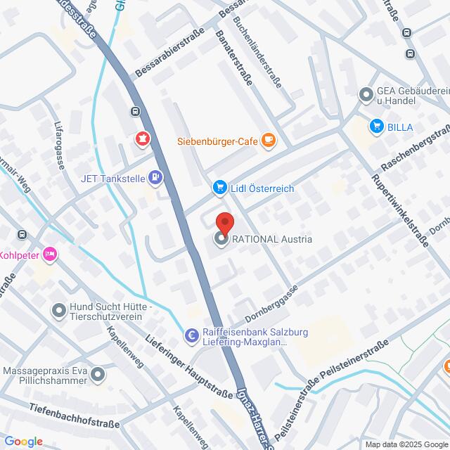 Lehrlingsportal.at Eine Karte zeigt die Lage von RATIONAL Österreich, markiert mit einer roten Stecknadel, in der Nähe von Lidl Österreich und anderen lokalen Geschäften und Straßen in Salzburg, Österreich.