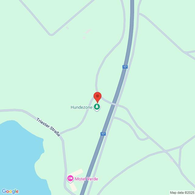 Lehrlingsportal.at Die Karte zeigt eine Standortmarkierung in der Hundezone nahe der Autobahn 17, in der Nähe der Triester Straße und des Motel Verde, mit einem See im Südwesten.