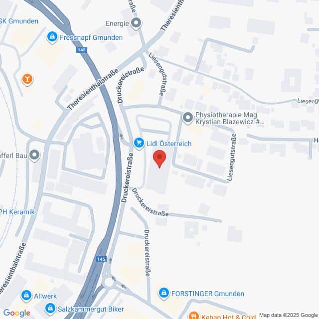 Lehrlingsportal.at Karte mit der Lage von Lidl Österreich in der Druckereistraße in Gmunden, Österreich, mit Markierung der umliegenden Straßen und Geschäfte.