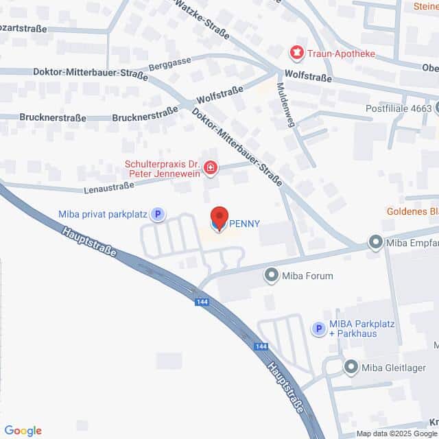 Lehrlingsportal.at Karte mit der Lage des PENNY-Supermarktes in der Hauptstraße, mit Beschriftung der umliegenden Straßen und Geschäfte.
