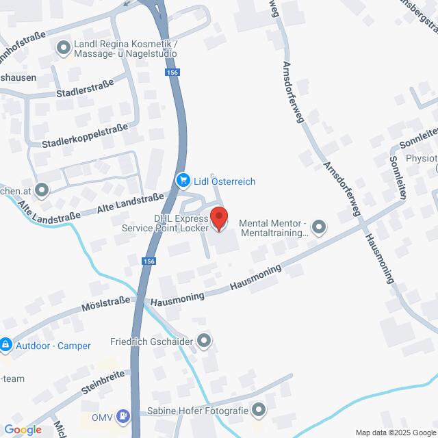 Lehrlingsportal.at Die Karte zeigt einen Stadtausschnitt mit markierten Straßen und mehreren Unternehmen, darunter Lidl Österreich, DHL Express und Mental Mentor, in der Mitte der Straße Hausmoning.