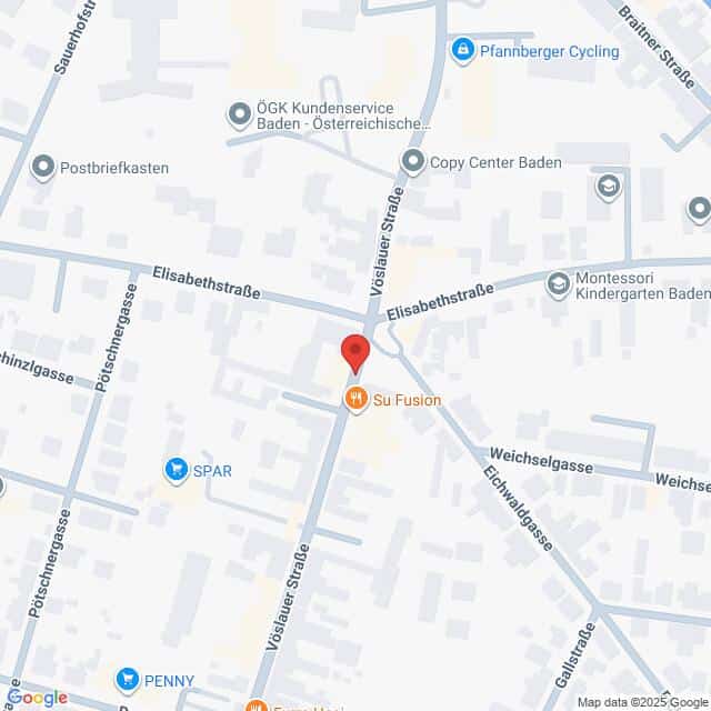 Lehrlingsportal.at Die Karte zeigt die Lage des Restaurants Su Fusion an der Kreuzung Vöslauer Straße und Elisabethstraße in Baden, Österreich. Nahe gelegene Sehenswürdigkeiten sind SPAR und Copy Center Baden.