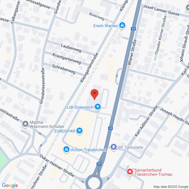 Lehrlingsportal.at Karte mit einer Stecknadel in der Nähe von Lidl Österreich und EUROSPAR, in der Nähe von Wiener Straße und Kremserstraße in Traiskirchen, Österreich. Nahe gelegene Wahrzeichen sind BP Tankstelle und Action Traiskirchen.