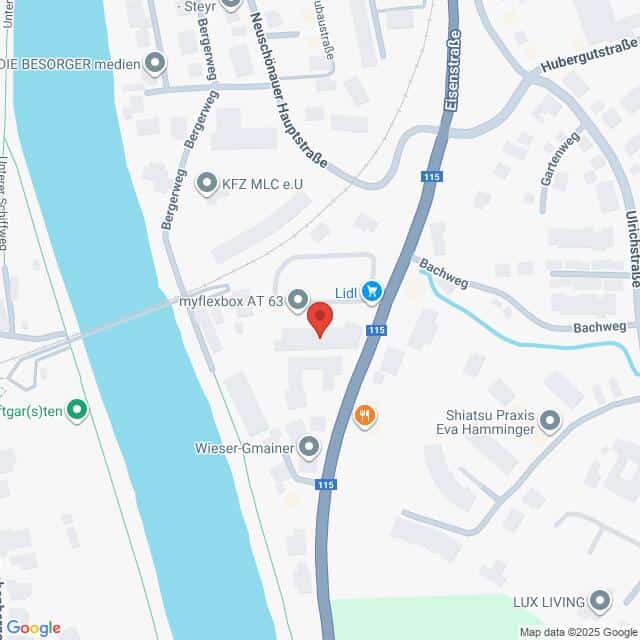 Lehrlingsportal.at Karte eines Stadtviertels mit Straßen, Geschäften wie Lidl, einem Fluss auf der linken Seite und verschiedenen beschrifteten Orten und Straßen.