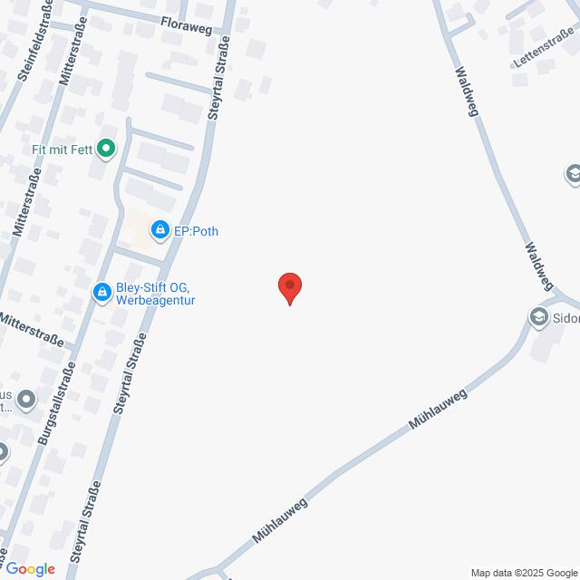 Lehrlingsportal.at Eine digitale Karte mit einer roten Standortmarkierung an der Kreuzung Steyrtal Straße/Müllauweg in einem städtischen Gebiet, auf der die umliegenden Geschäfte eingezeichnet sind.