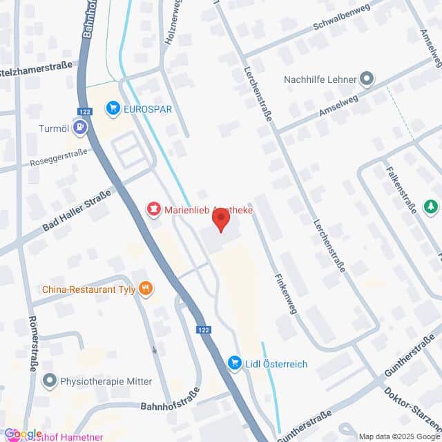 Lehrlingsportal.at Eine Karte, die das Gebiet um die Bahnhofstraße in Österreich zeigt und die Marienlieb Apotheke, EUROSPAR, China-Restaurant Tyly und Lidl Österreich hervorhebt.