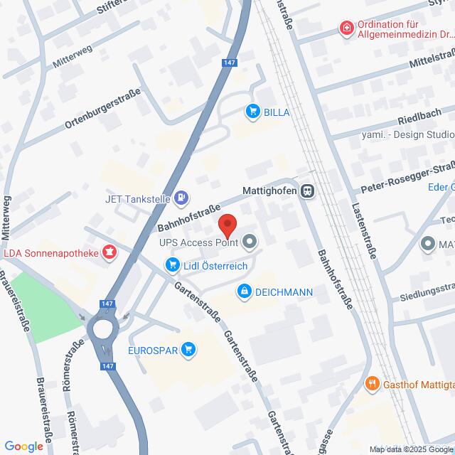 Lehrlingsportal.at Karte mit einem Ausschnitt von Mattighofen, Österreich, mit Hervorhebung der Bahnhofstraße und nahegelegenen Orten wie Lidl, Deichmann und UPS Access Point.