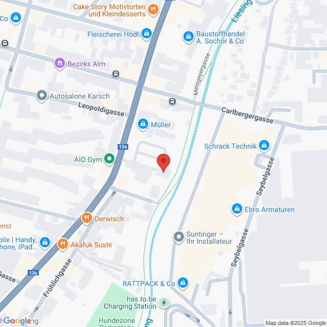 Lehrlingsportal.at Eine Karte, die einen bestimmten Ort in der Nähe der Leopoldgasse und der Carlibergergasse in einer Stadt zeigt, wobei verschiedene Geschäfte und Straßen eingezeichnet sind.