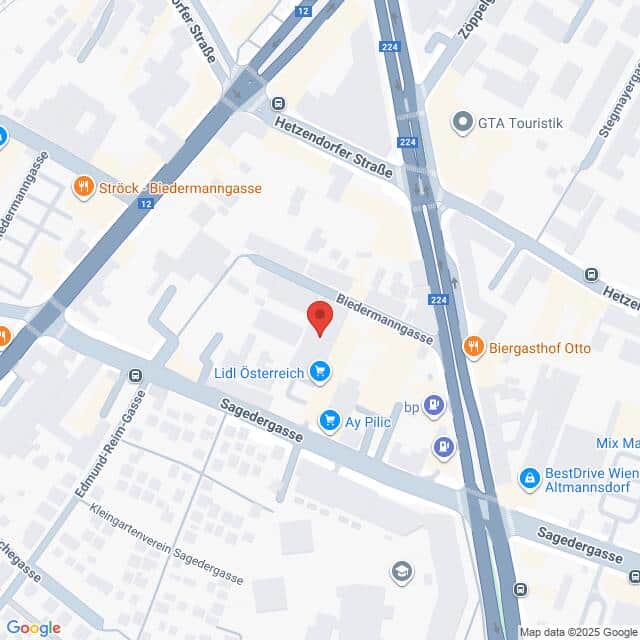 Lehrlingsportal.at Die Karte zeigt einen Standort in der Biedermanngasse in Wien, Österreich, in der Nähe von Lidl Österreich, mit Beschriftung der umliegenden Straßen und Geschäfte.