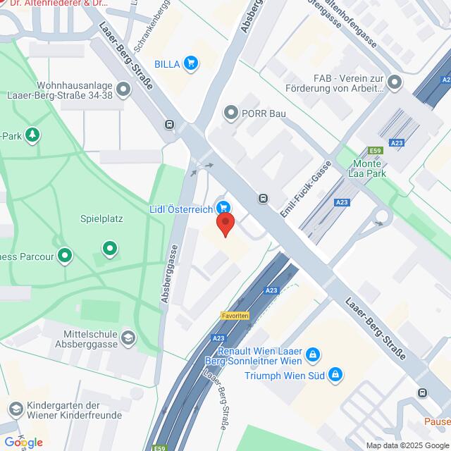 Lehrlingsportal.at Eine Karte, die die Gegend um die Absberggasse und die Laaer-Berg-Straße in Wien, Österreich, zeigt, mit Hervorhebung von Lidl Österreich und nahe gelegenen Straßen, Parks und Geschäften.