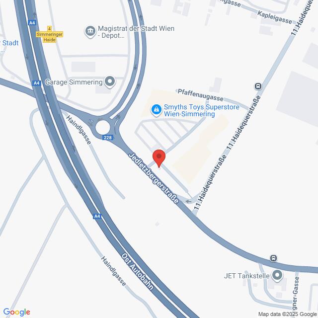 Lehrlingsportal.at Die Karte zeigt den Standort von Smyths Toys Superstore Wien-Simmering, nahe der Kreuzung Jedletzbergerstraße und 11. Haidequerstraße in Wien, Österreich.