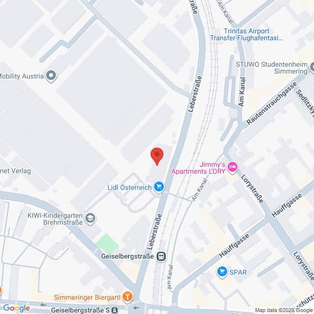 Lehrlingsportal.at Die Karte zeigt einen Ausschnitt von Wien, Österreich, mit einer Markierung auf der Leberstraße in der Nähe von lokalen Geschäften, Straßen und Sehenswürdigkeiten, einschließlich Lidl Österreich und SPAR.