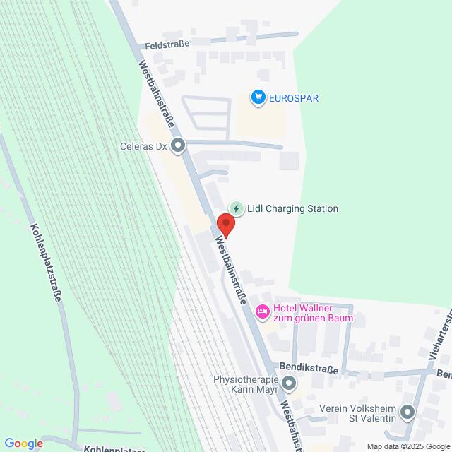 Lehrlingsportal.at Die Kartenansicht zeigt den Standort der Lidl-Ladestation in der Westbahnstraße, in der Nähe von Eurospar und Hotel Wallner zum grünen Baum in St. Valentin, Österreich.