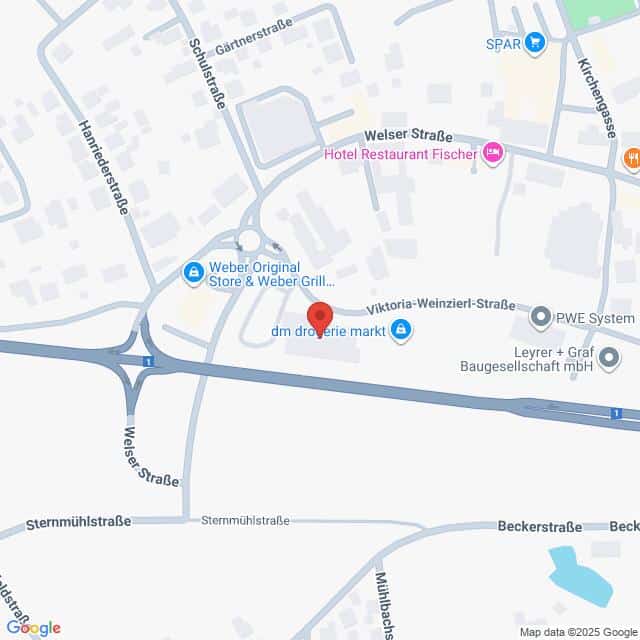 Lehrlingsportal.at Die Karte zeigt einen mit einer roten Stecknadel markierten Standort in der Nähe der Viktoria-Weinzirl-Straße und der Welser Straße, in der Nähe des dm-drogerie marktes und nahe gelegener Straßen in einem Gewerbegebiet.