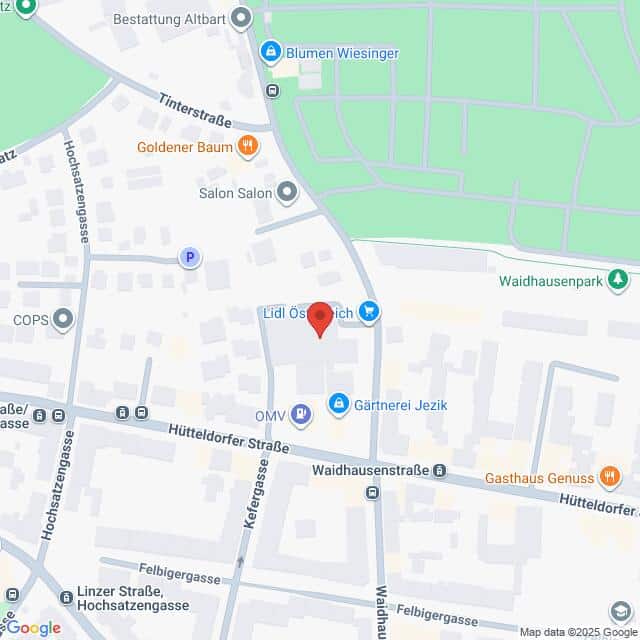 Lehrlingsportal.at Karte eines Stadtteils mit Geschäften wie Lidl, OMV, Gärtnerei Jezik und nahe gelegenen Straßen wie Waidhaufenstraße, Kefergasse und Hütteldorfer Straße.
