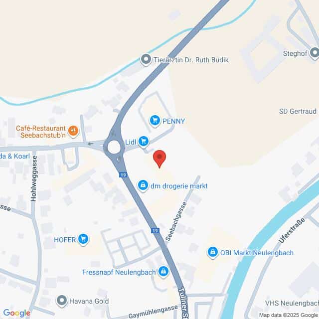 Lehrlingsportal.at Karte mit einem Ausschnitt von Neulengbach, Österreich, mit Markierungen für Lidl, Penny, dm drogerie markt, HOFER und nahe gelegene Straßen und Geschäfte.