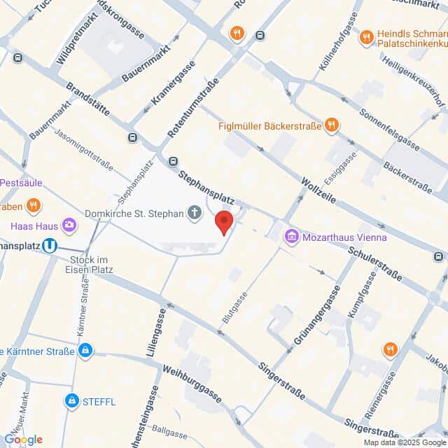 Lehrlingsportal.at Karte der Umgebung des Stephansplatzes in Wien, Österreich, mit Beschriftung der nahegelegenen Straßen und Sehenswürdigkeiten wie der Domkirche St. Stephan und dem Mozarthaus Vienna.