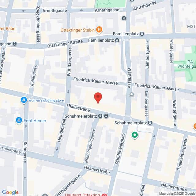 Lehrlingsportal.at Eine Karte, die das Gebiet um die Thaliastraße, Friedrich-Kaiser-Gasse und die umliegenden Straßen in Wien, Österreich, zeigt, mit einem roten Standortmarker in der Mitte.