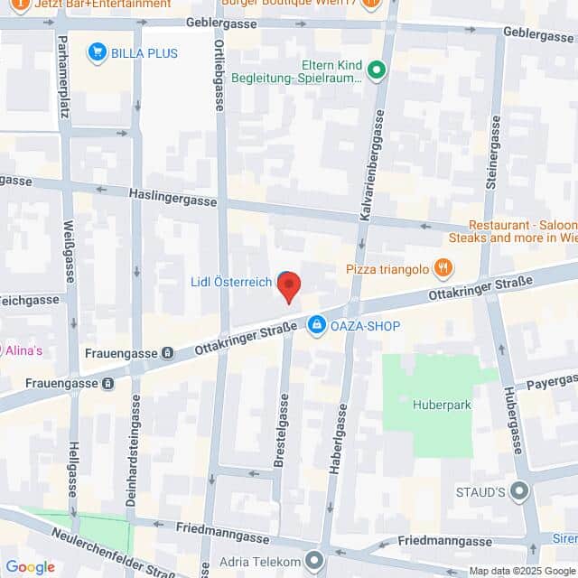 Lehrlingsportal.at Eine Karte, die ein Gebiet in Wien, Österreich, zeigt, zentriert auf der Ottakringer Straße in der Nähe von Lidl Österreich, mit Beschriftung der nahegelegenen Straßen und Wahrzeichen.