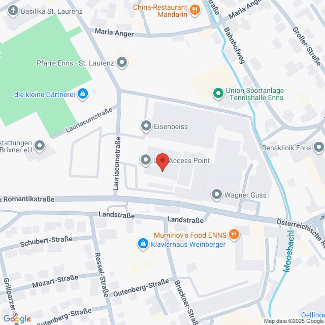 Lehrlingsportal.at Karte, die einen zentralen Punkt auf der Lauriacumstraße in Enns, Österreich, zeigt, mit nahegelegenen Straßen, Geschäften und Wahrzeichen als Referenz.