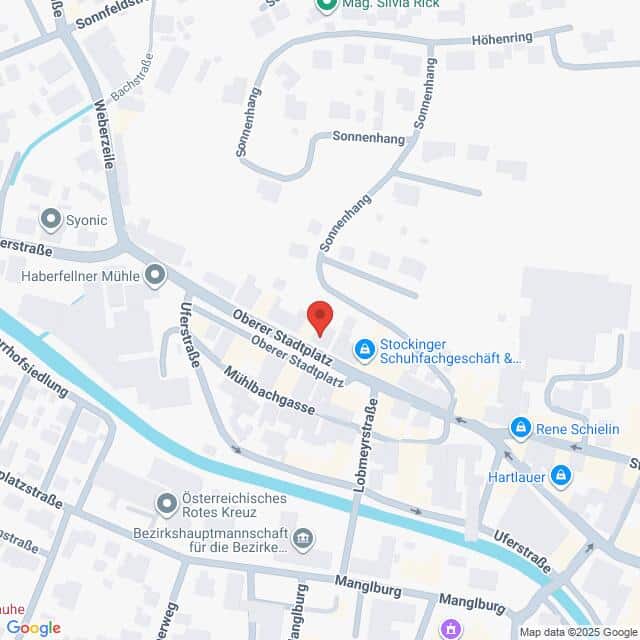 Lehrlingsportal.at Eine digitale Karte zeigt Straßen und Geschäfte in einer Stadt, mit einer roten Standortnadel am Oberen Stadtplatz in der Nähe der Mühlbachgasse und der Sommerhuberstraße.