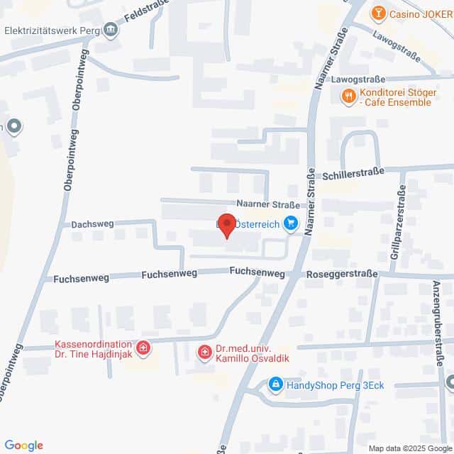 Lehrlingsportal.at Karte eines Teils von Perg, Österreich, mit Hervorhebung der Kreuzung von Dachsweg und Naarner Straße, mit Beschriftung der umliegenden Straßen und Geschäfte.