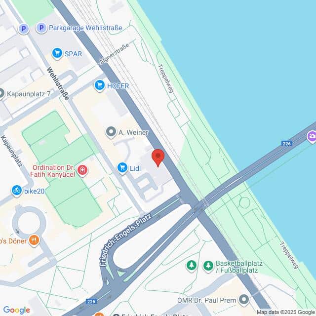 Lehrlingsportal.at Eine Karte des Friedrich-Engels-Platzes in Wien, Österreich, mit nahegelegenen Unternehmen, einem Fluss und hervorgehobenen Hauptstraßen.