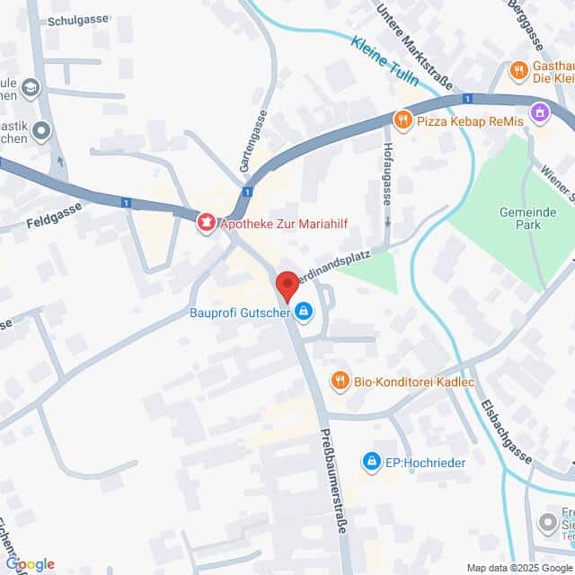 Lehrlingsportal.at Die Karte zeigt einen Ausschnitt einer Stadt mit Standortmarkierungen für Unternehmen wie Apotheke Zur Mariahilf, Pizza Kebap ReMis, Bio-Konditorei Kadlec und andere.