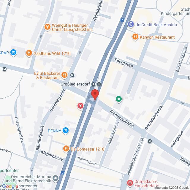 Lehrlingsportal.at Karte eines Teils von Großjedlersdorf, Wien, Österreich, mit beschrifteten Straßen, Restaurants, Geschäften und wichtigen Orten, die durch Symbole gekennzeichnet sind.