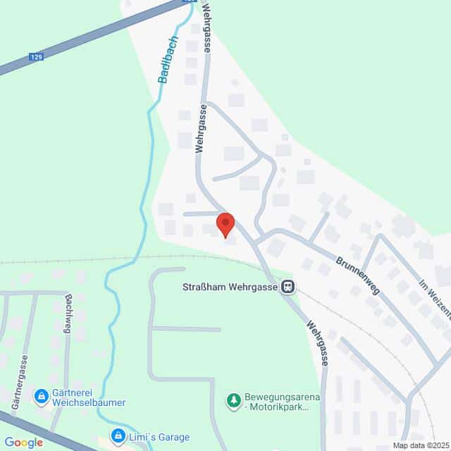 Lehrlingsportal.at Karte eines Abschnitts von Weichselbaum, Österreich, mit beschrifteten Straßen, einer Markierung an der Wehrgasse und nahe gelegenen Orten wie einer Garage und einem Motorikpark.