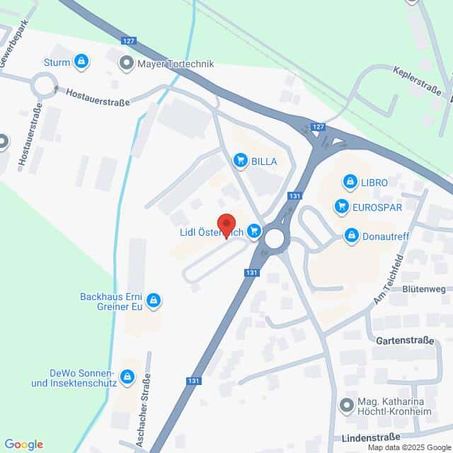 Lehrlingsportal.at Die Karte zeigt den Standort von Lidl Österreich, markiert mit einer roten Stecknadel, in der Nähe von BILLA, EUROSPAR und anderen Geschäften in einem Gewerbegebiet. Straßen und Orientierungspunkte sind eingezeichnet.