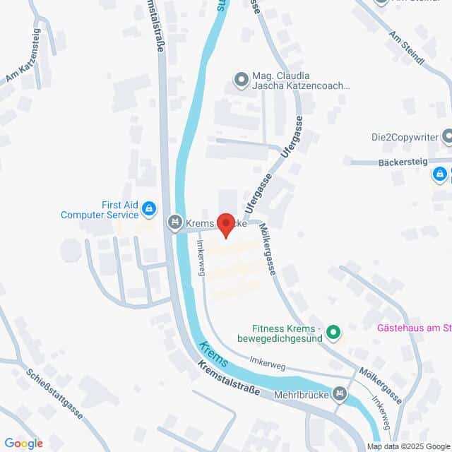 Lehrlingsportal.at Eine digitale Karte, zentriert auf eine Standortnadel entlang eines Flusses in Krems, Österreich, mit nahegelegenen Straßen, Unternehmen und Sehenswürdigkeiten.