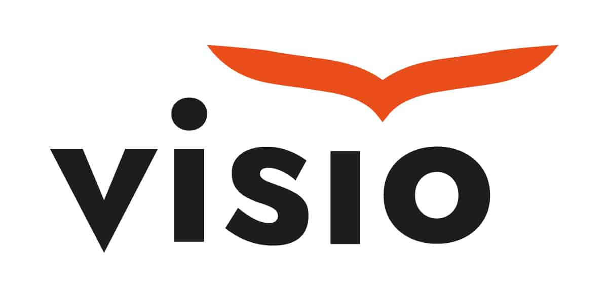 Lehrlingsportal.at Das Bild zeigt das Wort "visio" in fetten schwarzen Buchstaben, mit einem orangefarbenen, flügelförmigen Muster über den Buchstaben "s" und "i".