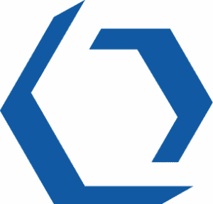 Lehrlingsportal.at Eine blaue sechseckige geometrische Form mit einem offenen Abschnitt auf der rechten Seite vor einem hellgrauen Hintergrund.
