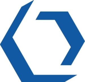 Lehrlingsportal.at Eine blaue sechseckige Form mit zwei offenen Enden, die durch dicke, kantige Linien auf weißem Hintergrund gebildet wird.