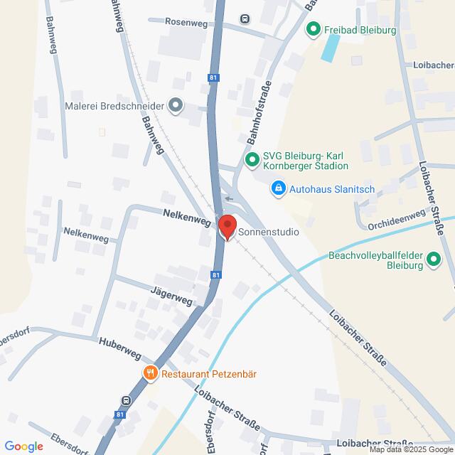 Lehrlingsportal.at Die Karte zeigt einen Ausschnitt von Bleiburg, Österreich, zentriert auf das Sonnenstudio in der Nähe der Bahnhofsstraße, mit eingezeichneten Straßen und Sehenswürdigkeiten.