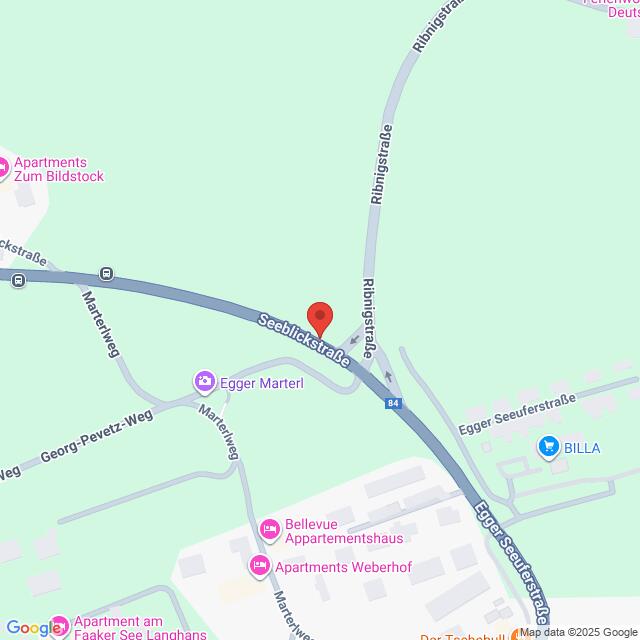 Lehrlingsportal.at Karte der Kreuzung Seeblickstraße, Egger Seestraße und Ribnigstraße mit Angabe der nahe gelegenen Wohnhäuser und Geschäfte.