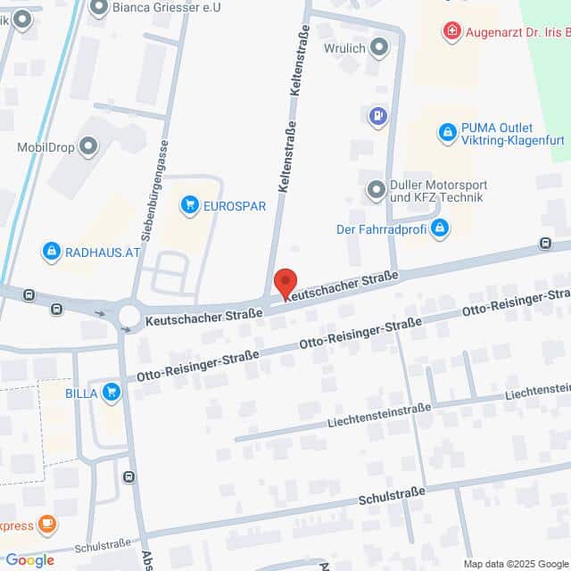 Lehrlingsportal.at Straßenkarte der Kreuzung Keutschacher Straße und Otto-Reisinger-Straße in einem städtischen Gebiet mit verschiedenen Geschäften und Sehenswürdigkeiten in der Nähe.