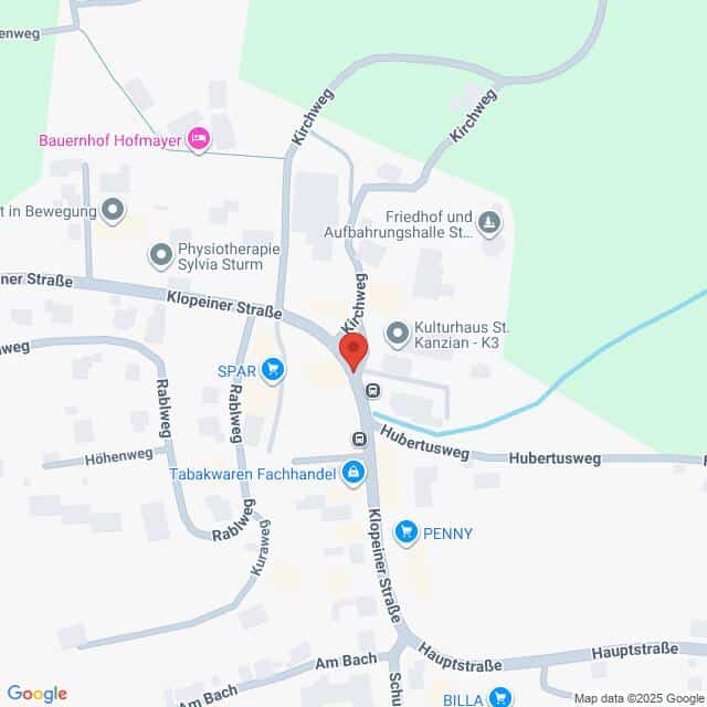 Lehrlingsportal.at Eine Karte zeigt die Kreuzung der Klopiner Straße mit dem Hubertusweg in einer Stadt und hebt die nahegelegenen Geschäfte und Sehenswürdigkeiten wie SPAR, PENNY und das Kulturhaus St. Kanzian hervor.