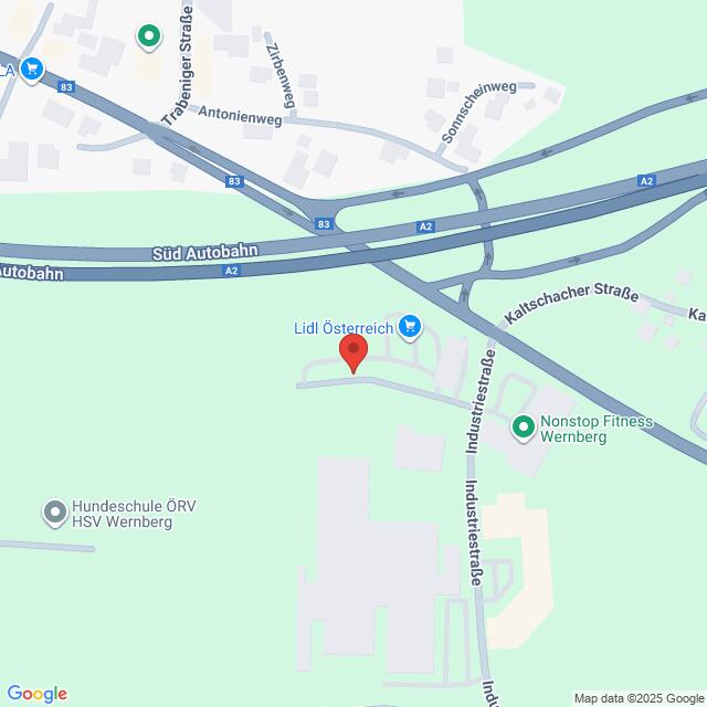 Lehrlingsportal.at Karte mit der Lage von Lidl Österreich in der Nähe der Südautobahn und der Katschacher Straße in Wernberg, Österreich, mit Beschriftung der umliegenden Sehenswürdigkeiten und Straßen.