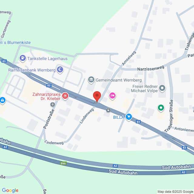 Lehrlingsportal.at Die Karte zeigt einen Abschnitt von Wernberg mit Sehenswürdigkeiten wie einer Bank, einer Zahnarztpraxis, einem Supermarkt und dem Rathaus in der Nähe der Südautobahn. Straßen und andere lokale Merkmale sind beschriftet.