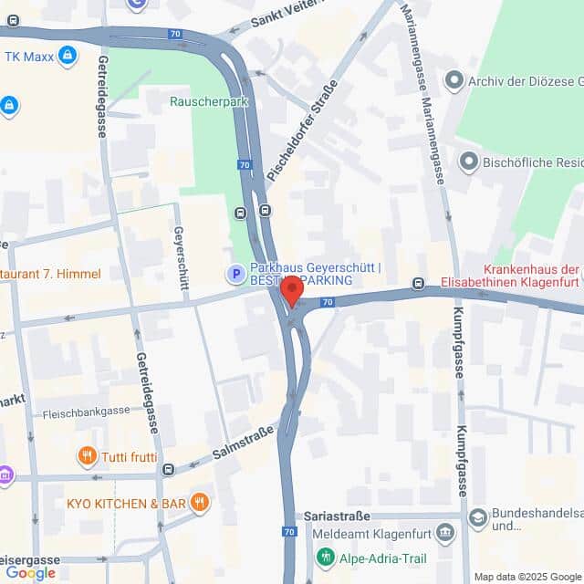 Lehrlingsportal.at Die Karte zeigt einen Ausschnitt von Klagenfurt, Österreich, mit dem Parkhaus Geyerschütt als Mittelpunkt und den umliegenden Straßen und Sehenswürdigkeiten.