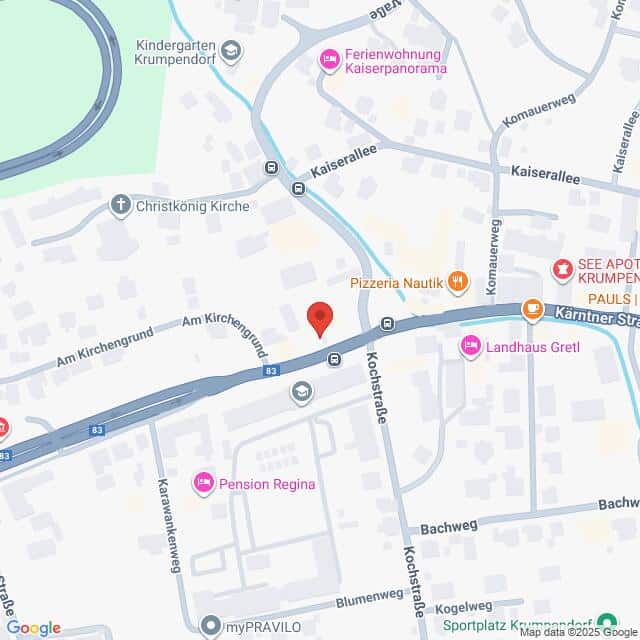 Lehrlingsportal.at Kartenansicht eines zentralen Bereichs in Krumpendorf, Österreich, mit Straßen, Sehenswürdigkeiten, Restaurants und Unterkünften, einschließlich Pizzeria Nautik und Pension Regina.