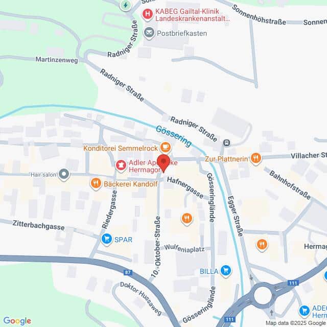 Lehrlingsportal.at Karte des Stadtzentrums von Hermagor, Österreich, mit Orten wie der Konditorei Semmelrock, der Adler Apotheke und der Bäckerei Kandolf in der Nähe der Radniger Straße und der Gössering Straße.