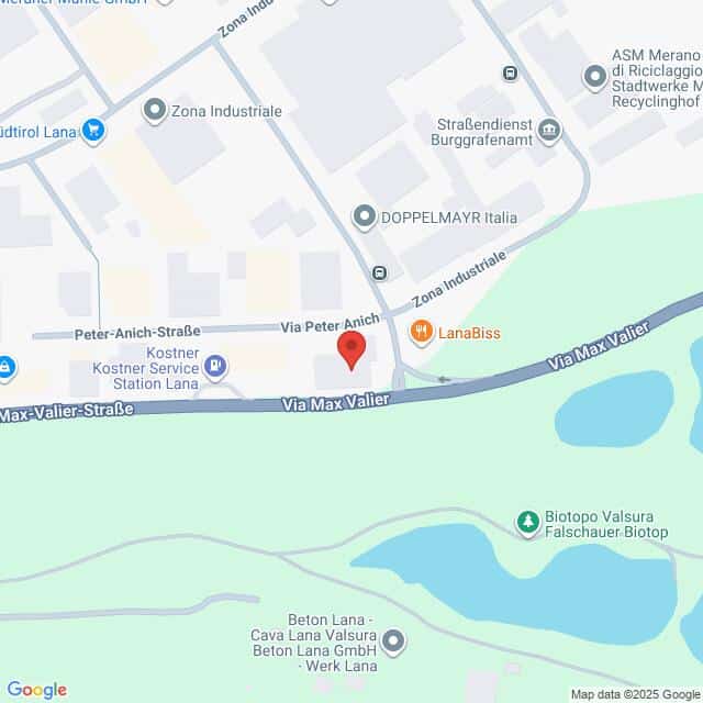 Lehrlingsportal.at Die Karte zeigt einen mit einer roten Stecknadel markierten Standort in der Via Max Valier in einem Industriegebiet in der Nähe eines Flusses und des Biotopo Valsura in Lana, Italien.