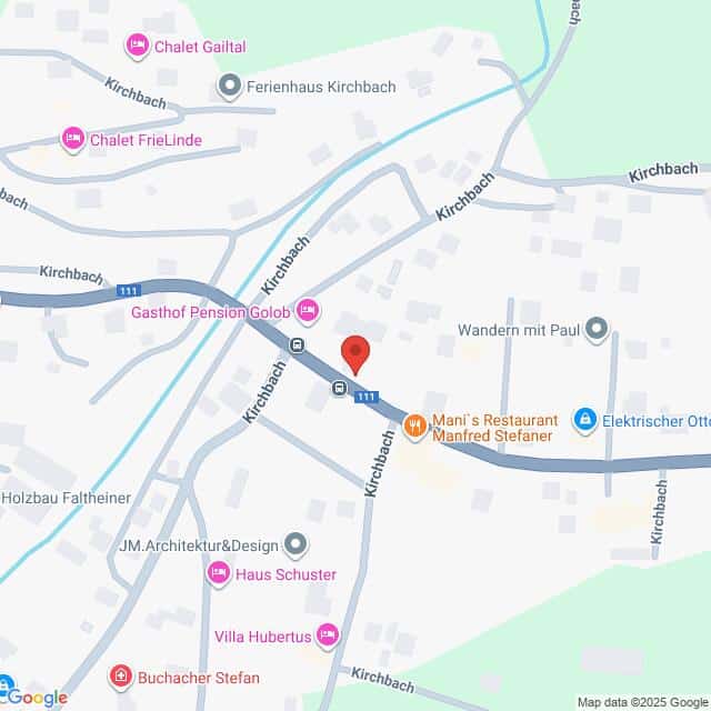 Lehrlingsportal.at Die Karte zeigt einen Ausschnitt von Kirchbach, Österreich, mit Markierungen für lokale Geschäfte, Restaurants und Unterkünfte entlang der Hauptstraße.