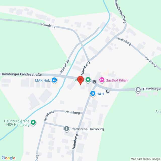 Lehrlingsportal.at Karte des zentralen Bereichs von Haimburg mit eingezeichneten Straßen, Geschäften und Sehenswürdigkeiten, einschließlich Gasthof Kilian und Pfarrkirche Haimburg.