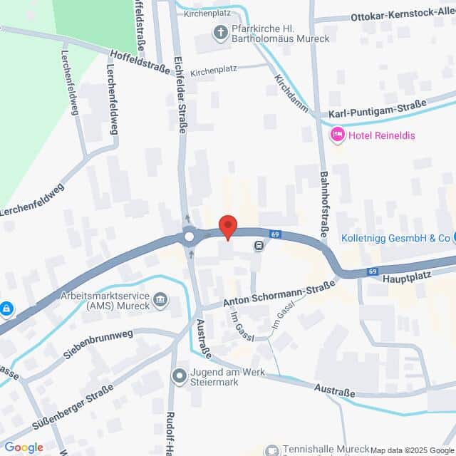 Lehrlingsportal.at Karte eines zentralen Kreisverkehrs in Mureck, Österreich, mit Beschriftung der umliegenden Straßen, Sehenswürdigkeiten und Unternehmen.